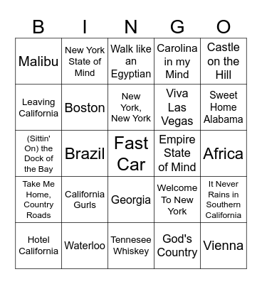 SONGS ABOUT PLACES Bingo Card