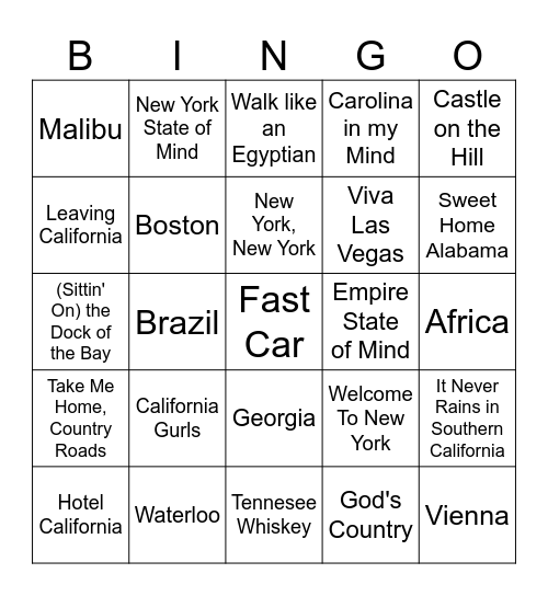 SONGS ABOUT PLACES Bingo Card