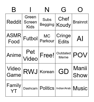 Youtube Shorts Bingo Card