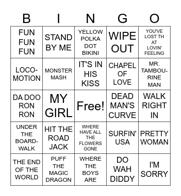 EARLY 1960s MUSIC BINGO Card