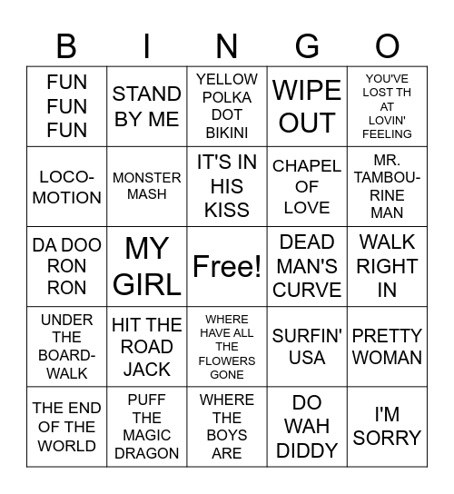 EARLY 1960s MUSIC BINGO Card