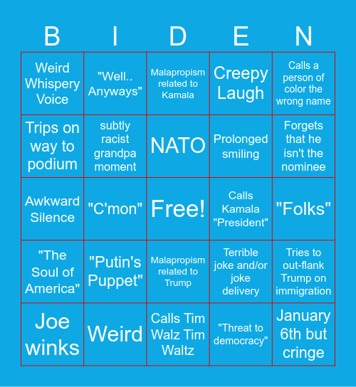 Biden DNC Speech Bingo Card