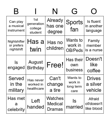 Nursing Student Bingo Card