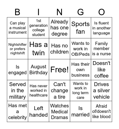 Nursing Student Bingo Card