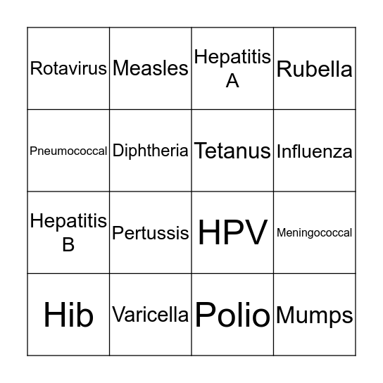 Vaccine Preventable Diseases Bingo Card