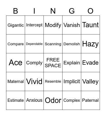Vocabulary Words Bingo Card