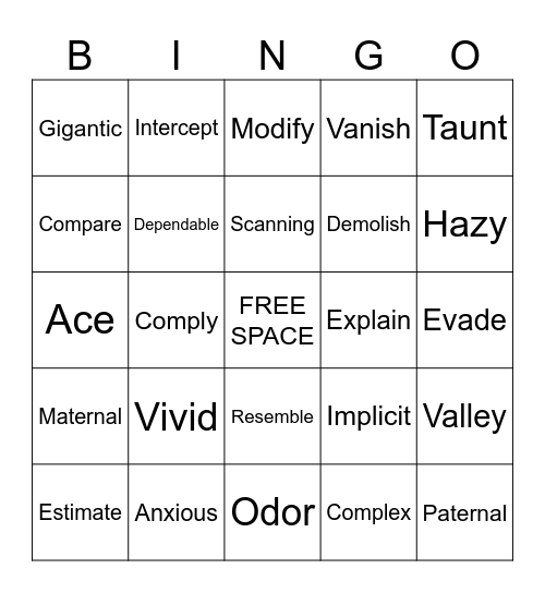 Vocabulary Words Bingo Card