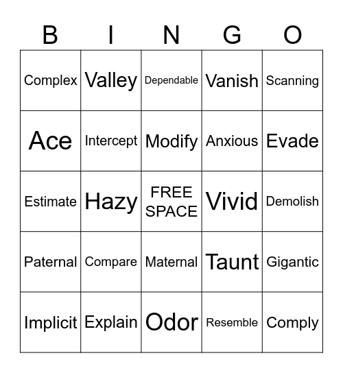 Vocabulary Words Bingo Card