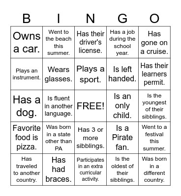 Getting To Know You!! Bingo Card