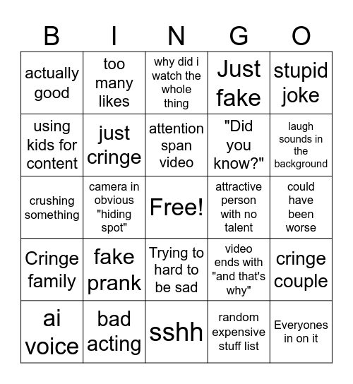 youtube shorts Bingo Card