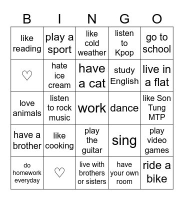 Present Simple Bingo Card