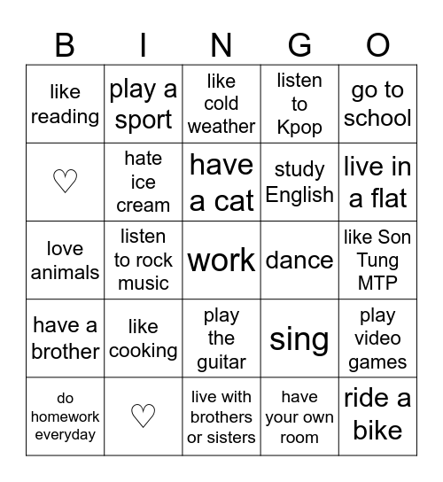 Present Simple Bingo Card