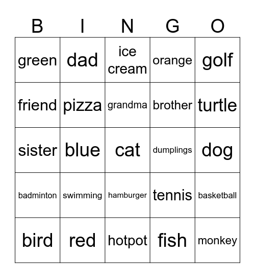 Favourite Bingo Card