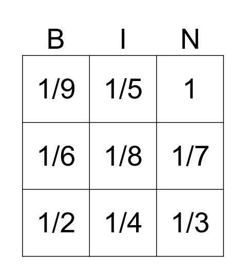 Fractions Bingo Card