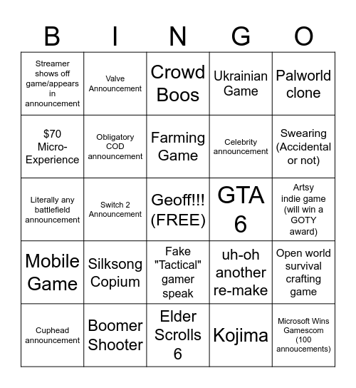 Gamescom 2024 Bingo Card