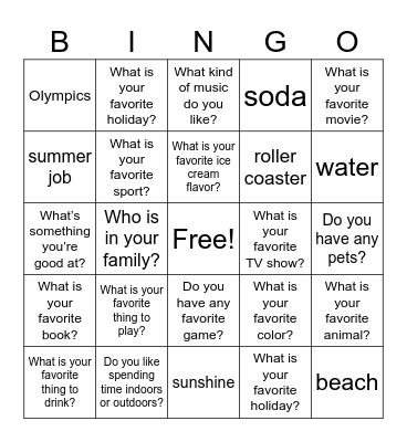 All About Me! Bingo Card