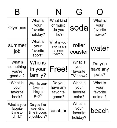 All About Me! Bingo Card