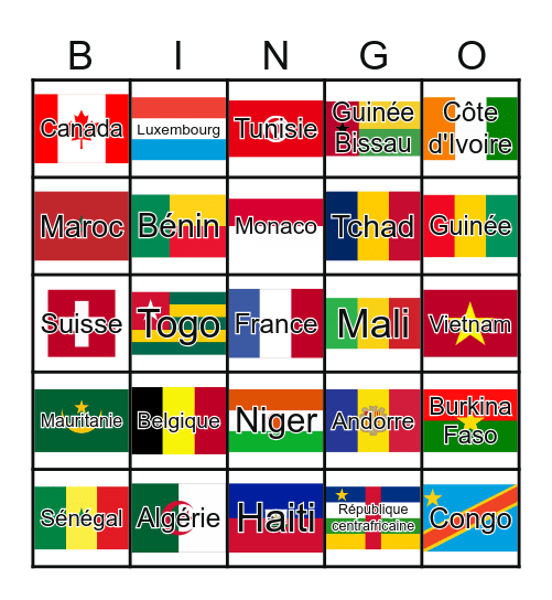 Drapeaux des pays francophones Bingo Card