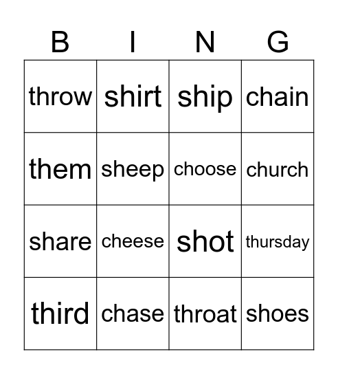 ch sh ch Diagraphs Bingo Card