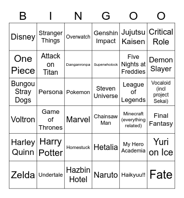 Populair fandom cosplay Bingo Card