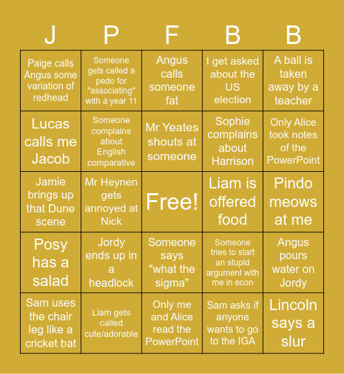 Jake's Pulteney fish bowl bingo Card