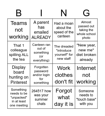 BACK TO WORK Bingo!!! Bingo Card