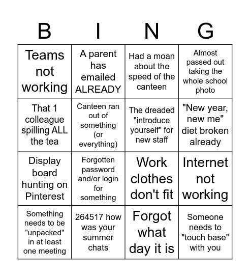 BACK TO WORK Bingo!!! Bingo Card