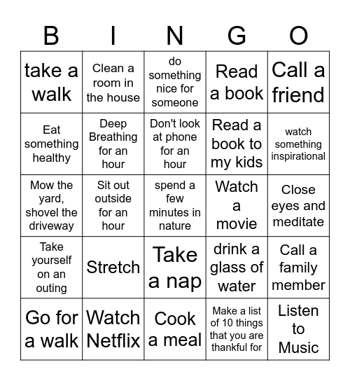 Self Care Bingo Card