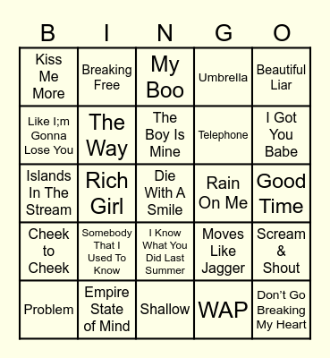 Duet Musical Bingo Card