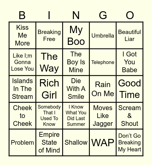 Duet Musical Bingo Card