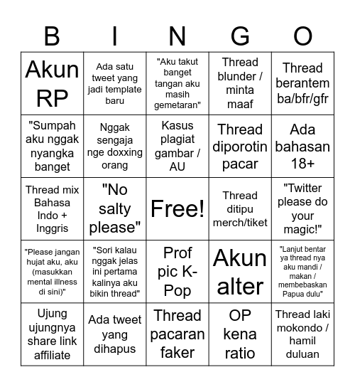 BINGO SERBA SERBI THREAD TWITTER Bingo Card