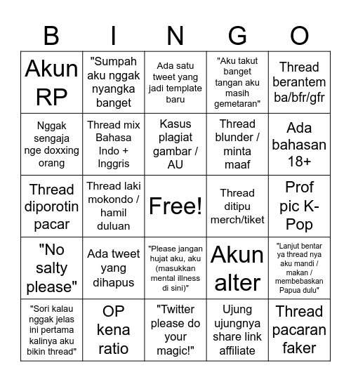 BINGO SERBA SERBI THREAD TWITTER Bingo Card