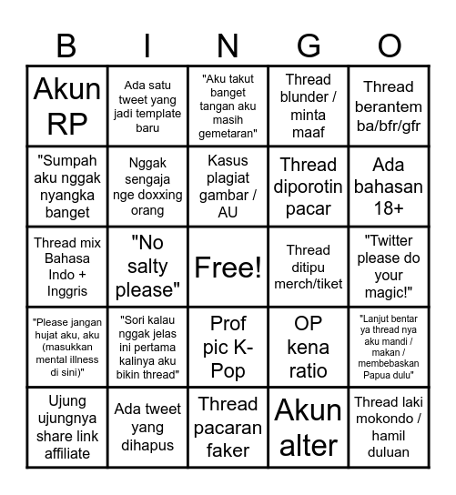 BINGO SERBA SERBI THREAD TWITTER Bingo Card