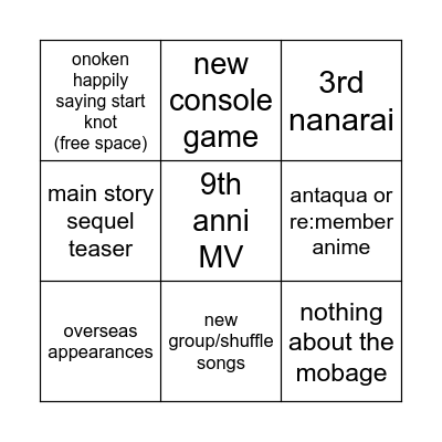 9th anni stream Bingo Card