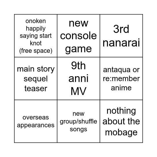 9th anni stream Bingo Card