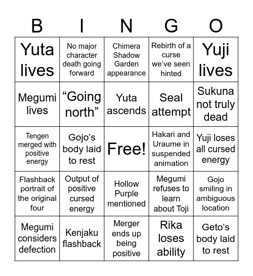 Jujutsu Kaisen End Bingo Card