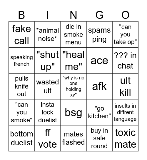 valo bingo Card