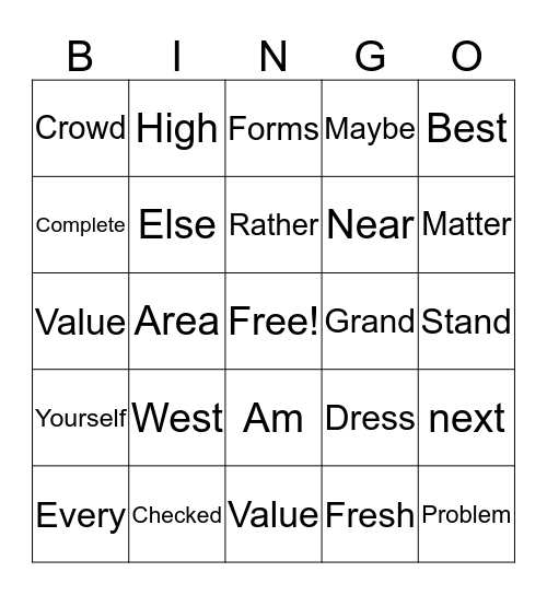 Comprehension Bingo Card