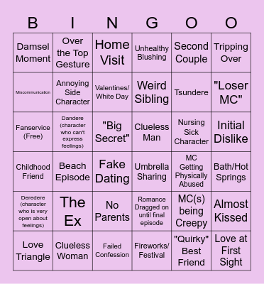 Shitty Romance Anime Bingo Card