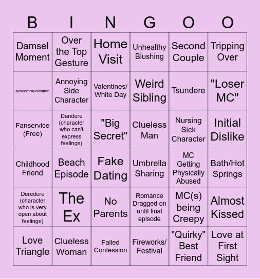 Shitty Romance Anime Bingo Card