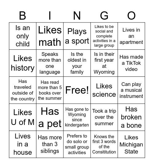 7th Grade Human Bingo Card