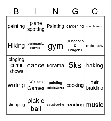 Hobbies Bingo Card