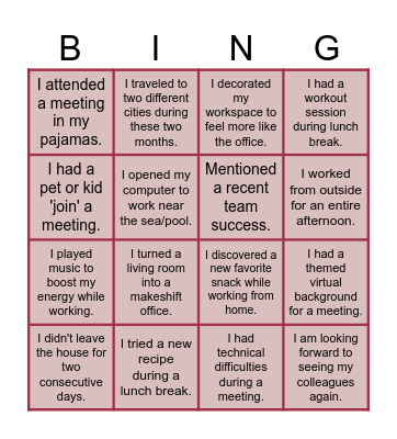 Coming back to Office Bingo Card