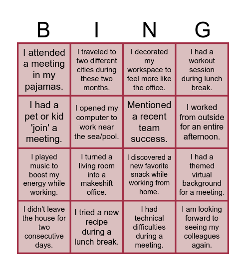 Coming back to Office Bingo Card