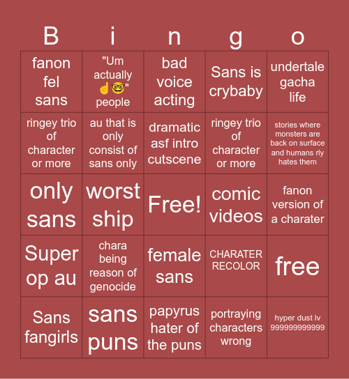 Undertale cringe bigno Bingo Card