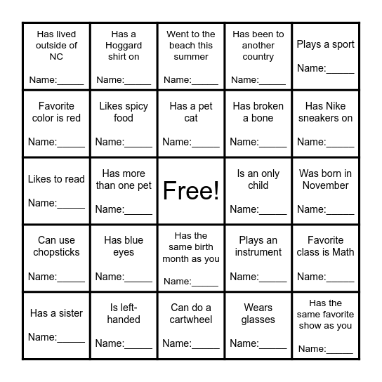 Classmate Bingo! Bingo Card