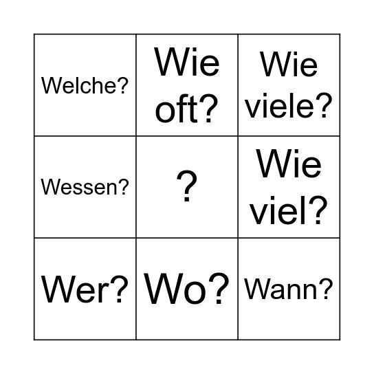 Question Words Bingo Card