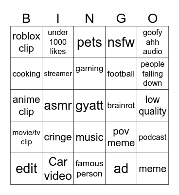 YT shorts Bingo Card