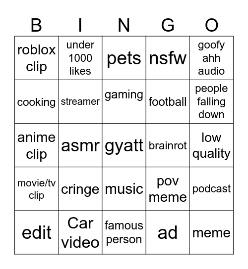 YT shorts Bingo Card