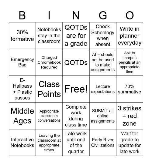 Ms. Lewis' Expectations Bingo Card